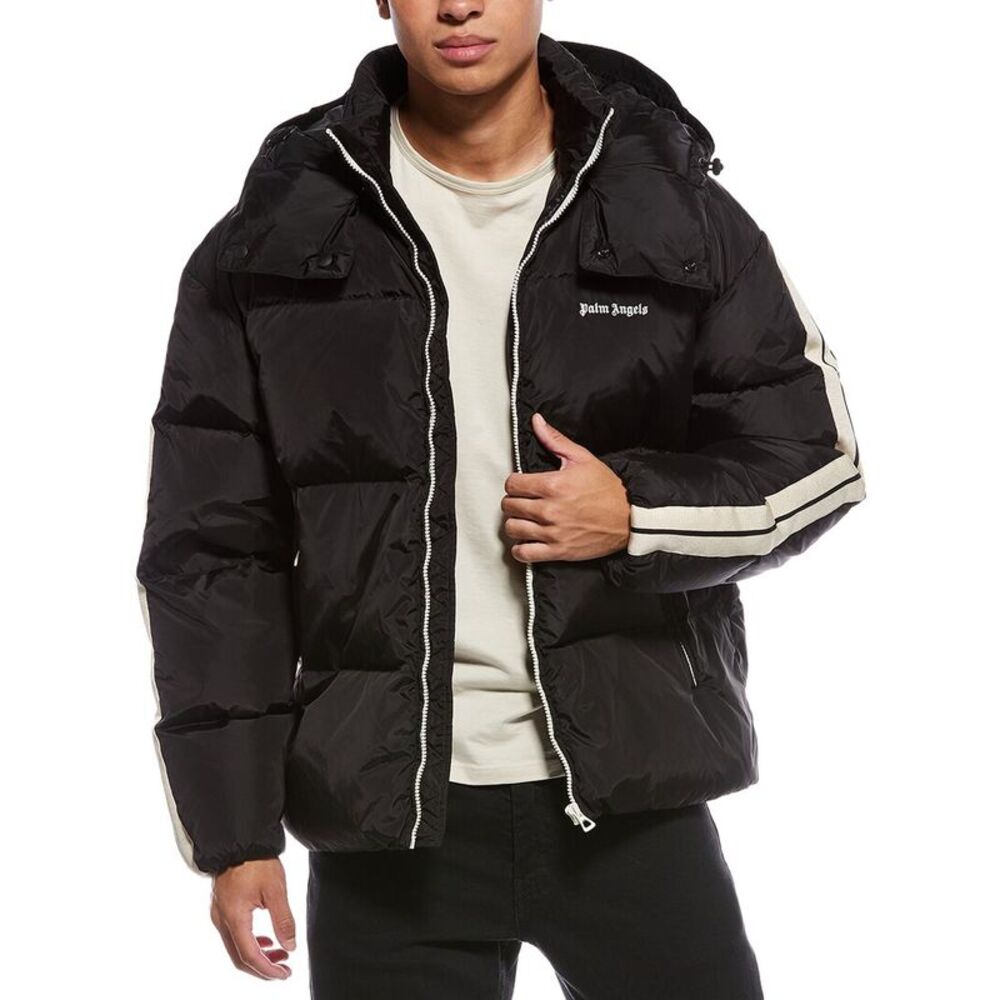 Palm Angels Mens  Hooded Track Down Jacket, Black